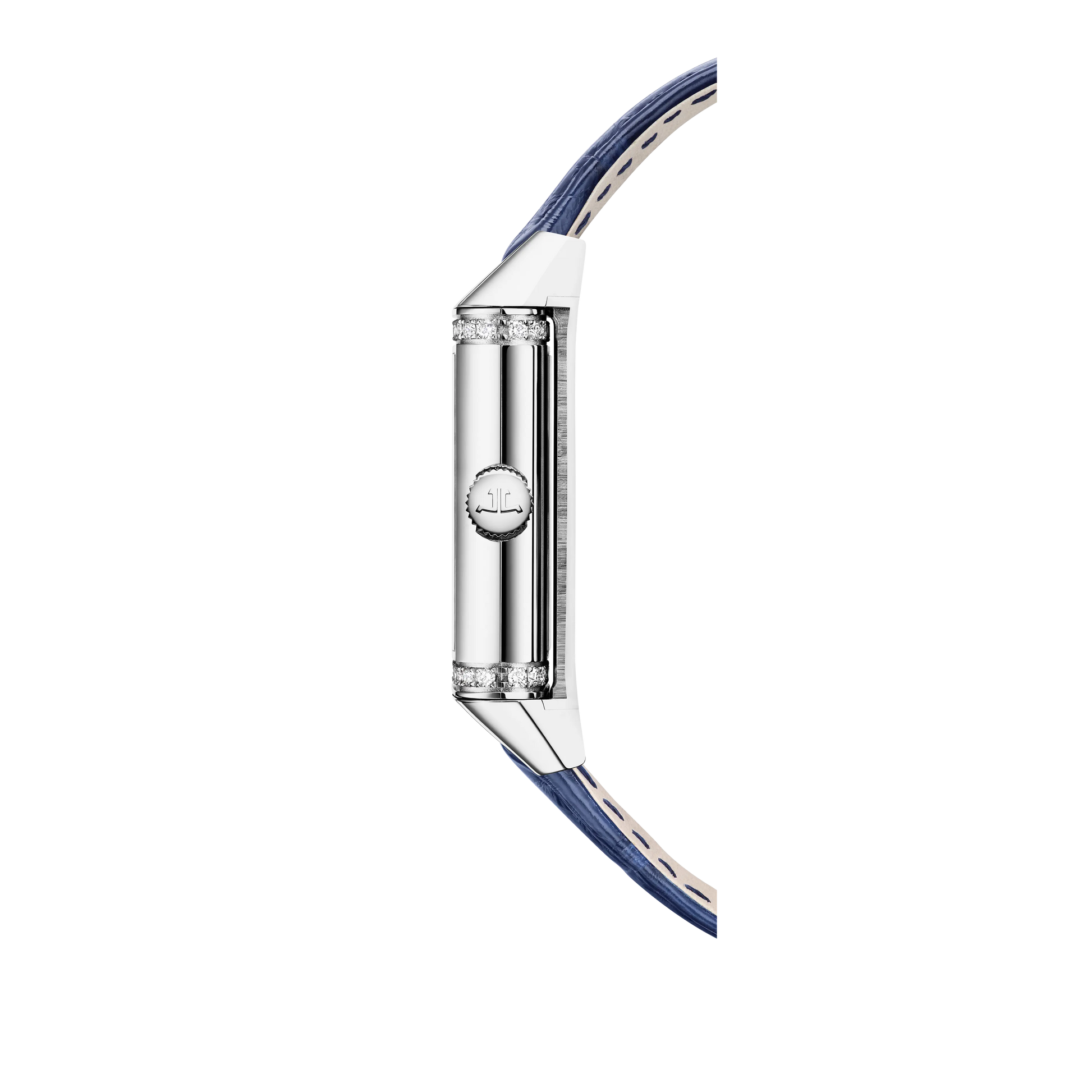 JLC - Reverso One Duetto - 40.1 MM x 20 MM - Stainless Steel - Silvered-Gray/Midnight Blue Dial - Diamond-Set Case - Blue Leather Strap - Q334848J