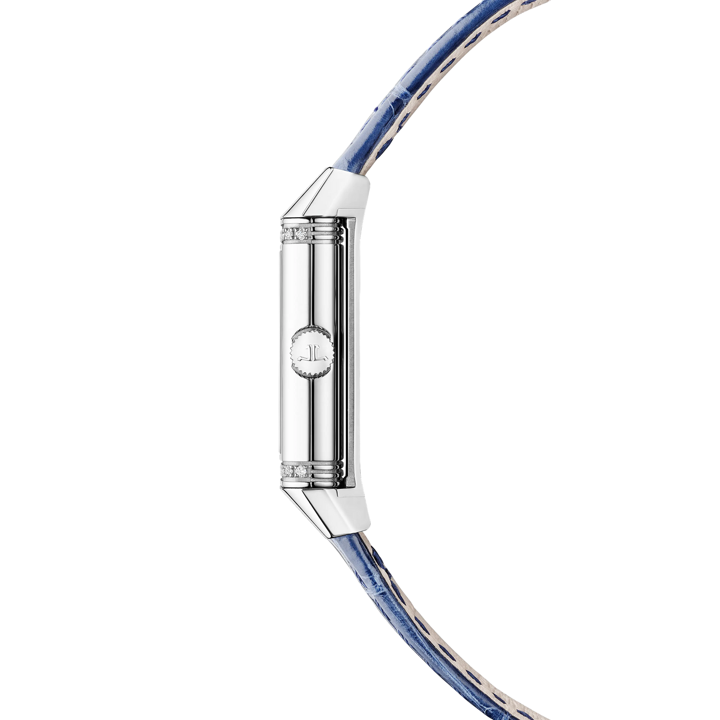 JLC - Reverso Classic Monoface Origin - 32.5 MM x 16.3 MM - Stainless Steel - Silvered-Gray Guilloché Dial - Diamond-Set Case - Blue Leather Strap - Q3878560