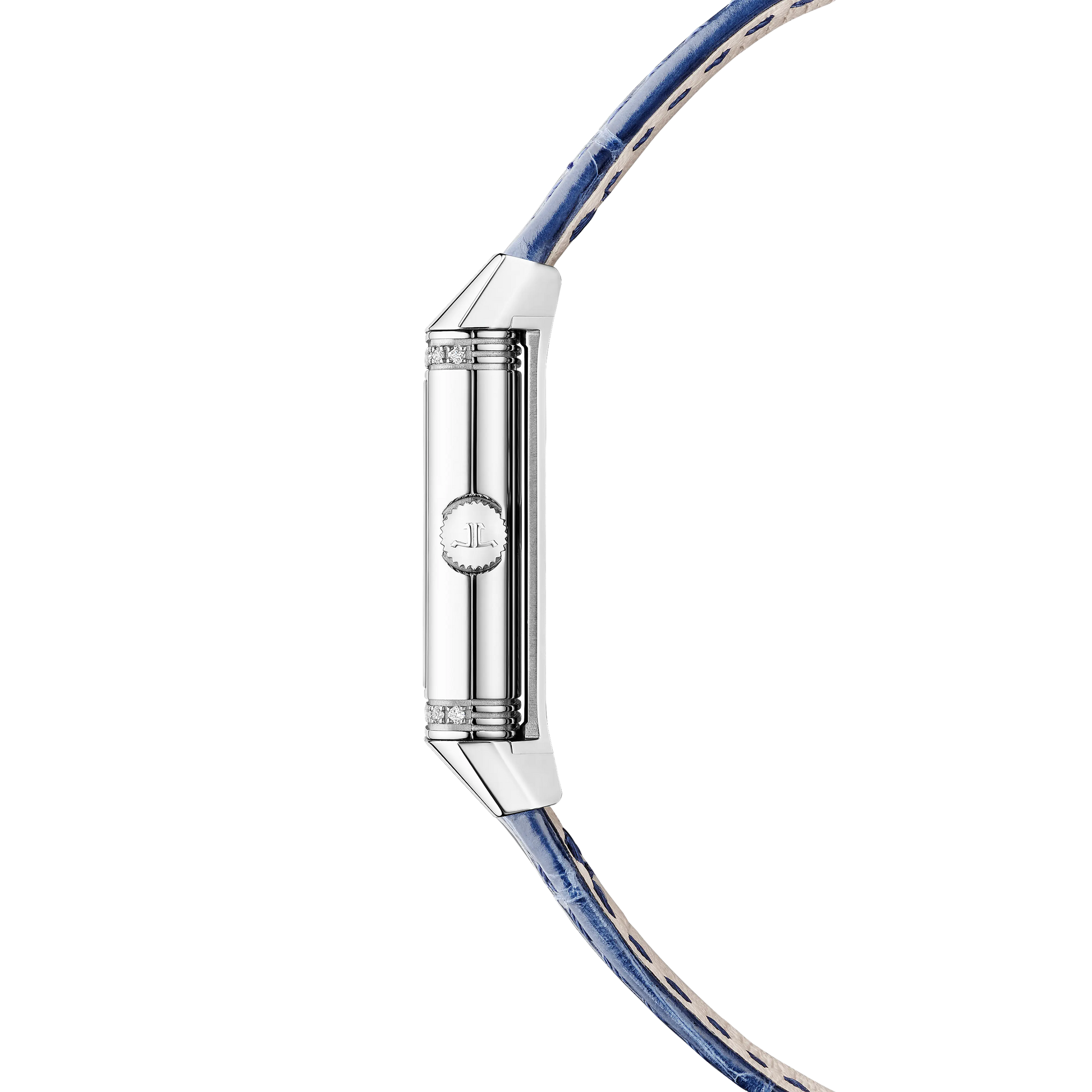 JLC - Reverso Classic Monoface Origin - 32.5 MM x 16.3 MM - Stainless Steel - Silvered-Gray Guilloché Dial - Diamond-Set Case - Blue Leather Strap - Q3878560