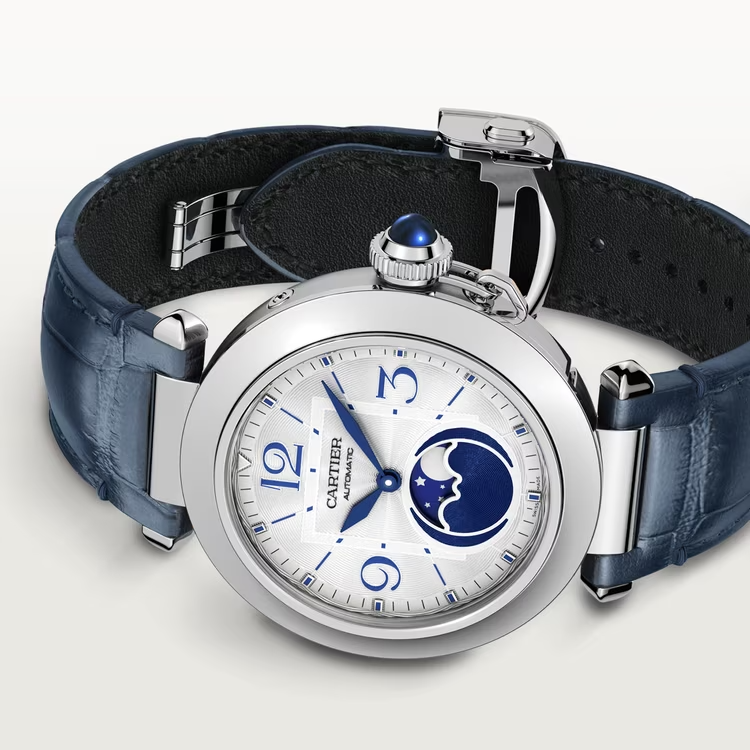 Cartier Pasha de Cartier Steel 41 MM - Blue Alligator Leather Strap -  Second Strap in Gray Alligator Leather - Silver Flinqué Dial - WSPA0030