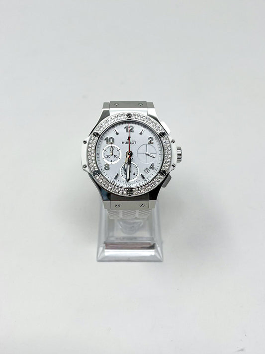 Hublot Big Bang Steel White Diamonds 41 MM - White Rubber Strap  - Diamond Bezel - White Dial - 342.SE.230.RW.114