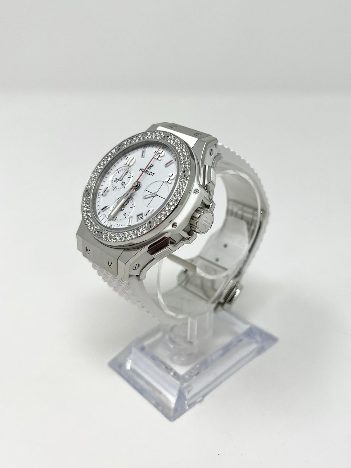 Hublot Big Bang Steel White Diamonds 41 MM - White Rubber Strap  - Diamond Bezel - White Dial - 342.SE.230.RW.114