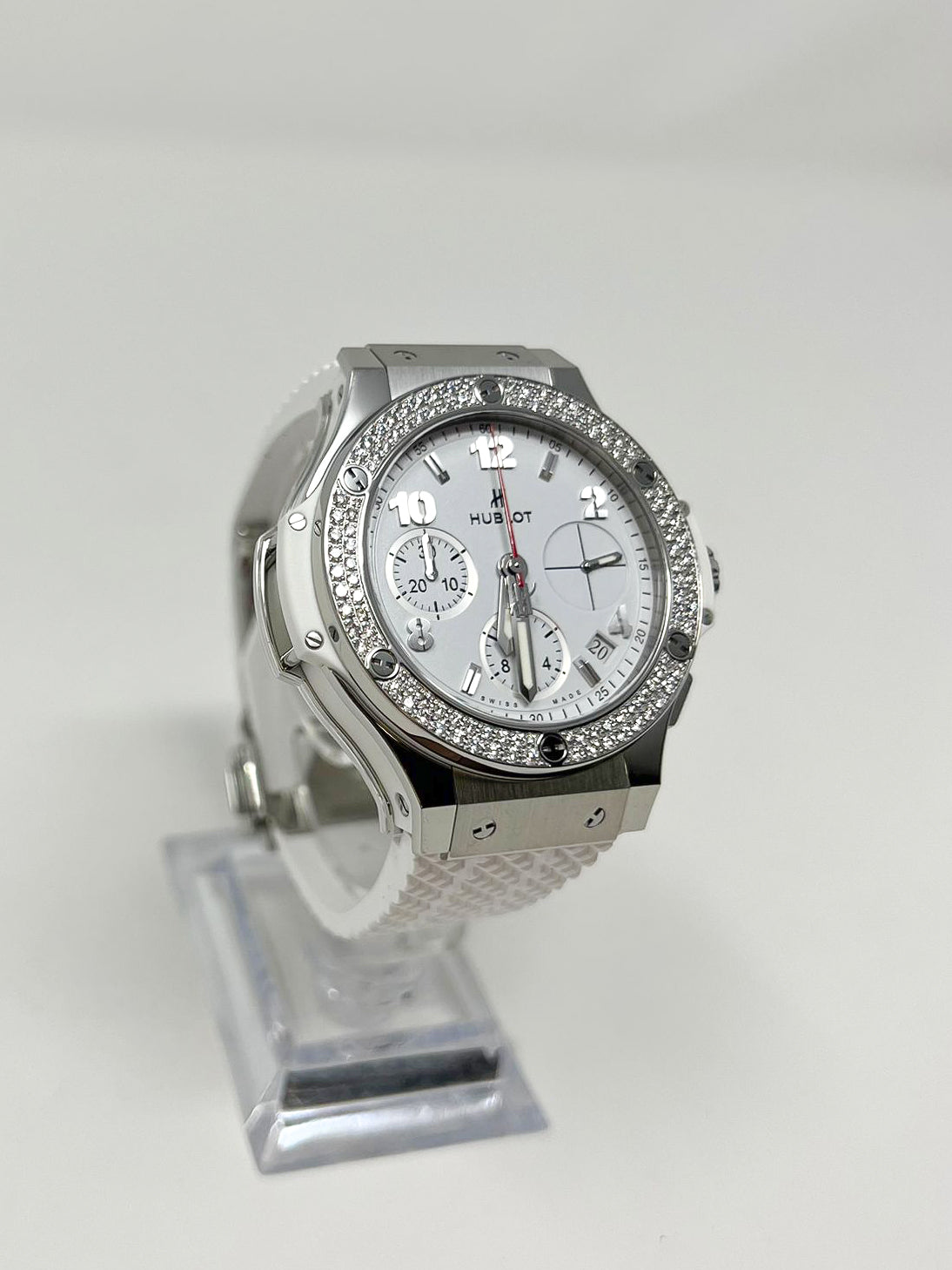 Hublot Big Bang Steel White Diamonds 41 MM - White Rubber Strap  - Diamond Bezel - White Dial - 342.SE.230.RW.114