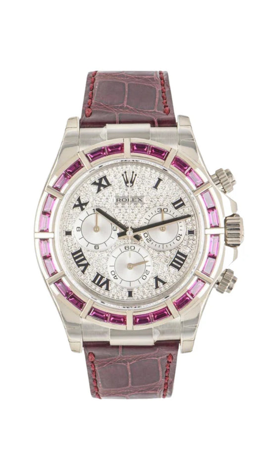 Rolex White Gold Daytona Watch - Off-Catalogue - 40 MM - Pave Diamond Dial - Ruby Leather Strap - Ruby Baguette Bezel - 116589SALV pd