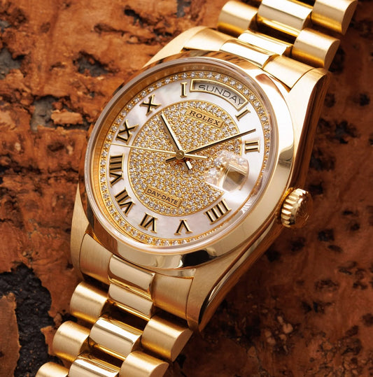 Rolex Day-Date - 36 MM - Yellow Gold - Diamond Bezel - Mother of Pearl and Diamond Roman Dial - 18208 MoPDR