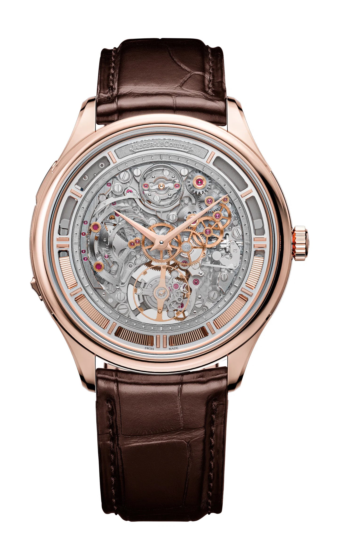 JLC - Master Hybris Mechanica Ultra Thin Minute Repeater Tourbillon - Limited Edition - 41.4 MM - Rose Gold - Transparent Dial - Brown Alligator Leather Strap - Q13125S2