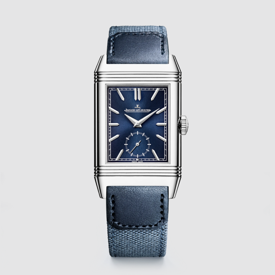 JLC - Reverso Tribute Duoface Small Seconds - 47 MM x 28.3 MM - Stainless Steel - Blue/Silvered Dial - Blue Strap - JLC Q3988481