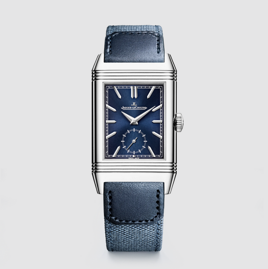 JLC - Reverso Tribute Duoface Small Seconds - 47 MM x 28.3 MM - Stainless Steel - Blue/Silvered Dial - Blue Strap - JLC Q3988481