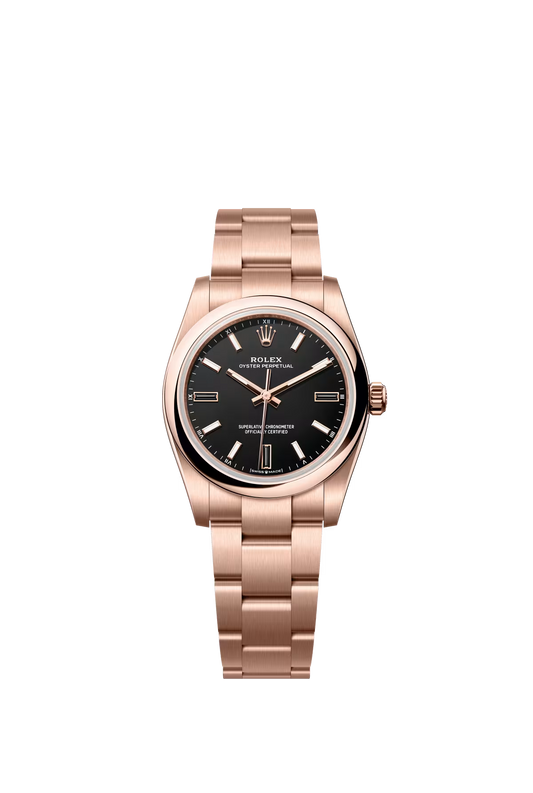 Rolex Everose Gold Oyster Perpetual Watch - 34 MM - Oyster Bracelet - Black Dial - 124205-0001