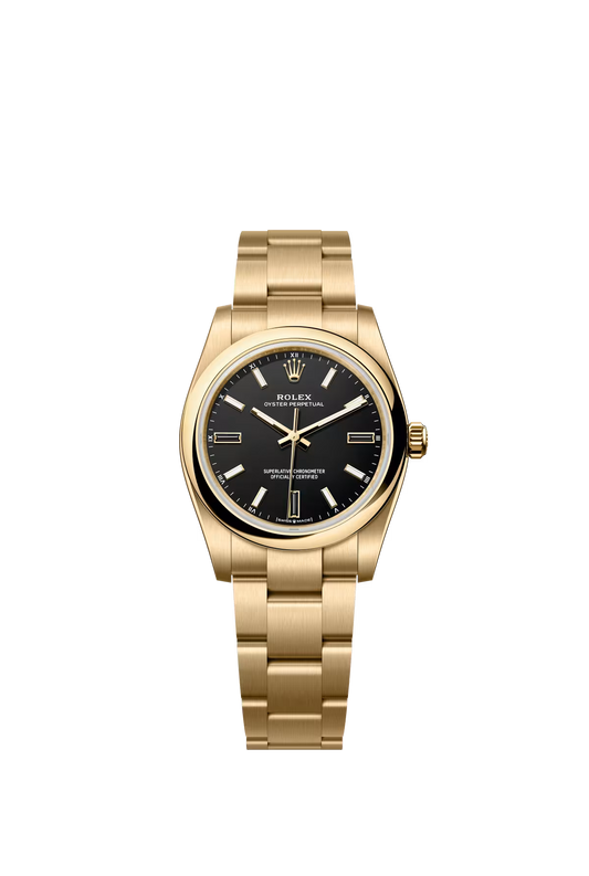 Rolex Oyster Perpetual - Yellow Gold - 34 MM - Oyster Bracelet - Black Dial - 124208-0001