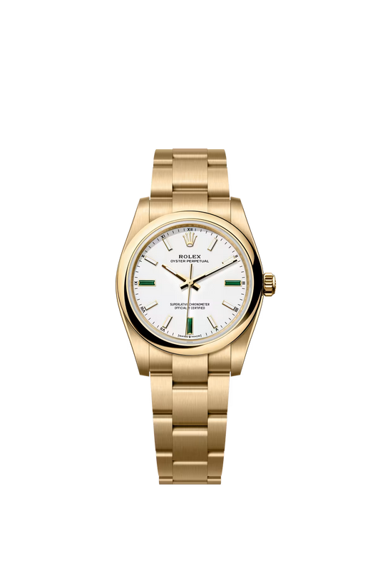 Rolex Oyster Perpetual - Yellow Gold - 34 MM - Oyster Bracelet - White Dial - 124208-0002