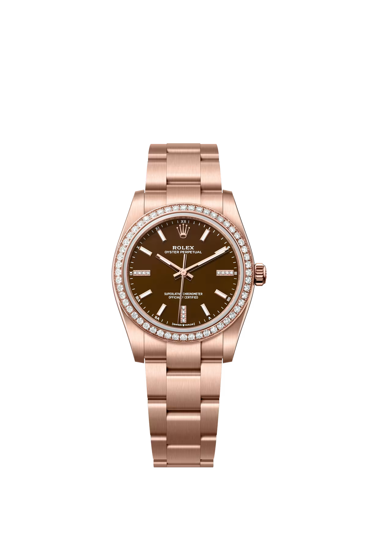 Rolex Everose Gold Oyster Perpetual Watch - 34 MM - Oyster Bracelet - Brown Diamond-Set Dial - Diamond Bezel - 124245RBR-0001