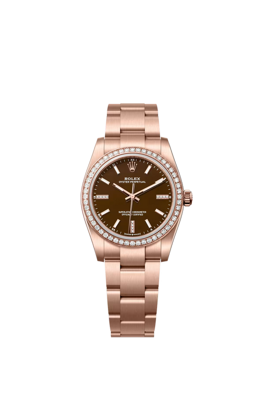 Rolex Everose Gold Oyster Perpetual Watch - 34 MM - Oyster Bracelet - Brown Diamond-Set Dial - Diamond Bezel - 124245RBR-0001