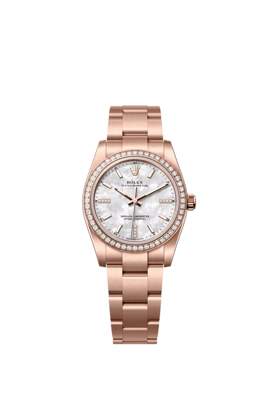 Rolex Everose Gold Oyster Perpetual Watch - 34 MM - Oyster Bracelet - MoP Dial - Diamond Bezel - 124245RBR-0002