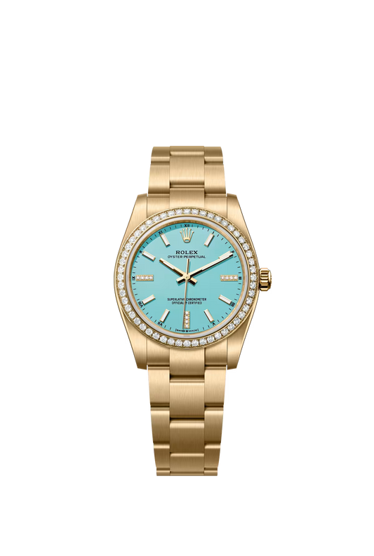 Rolex Oyster Perpetual - Yellow Gold - 34 MM - Oyster Bracelet - Turquoise Dial - 124248RBR-0002