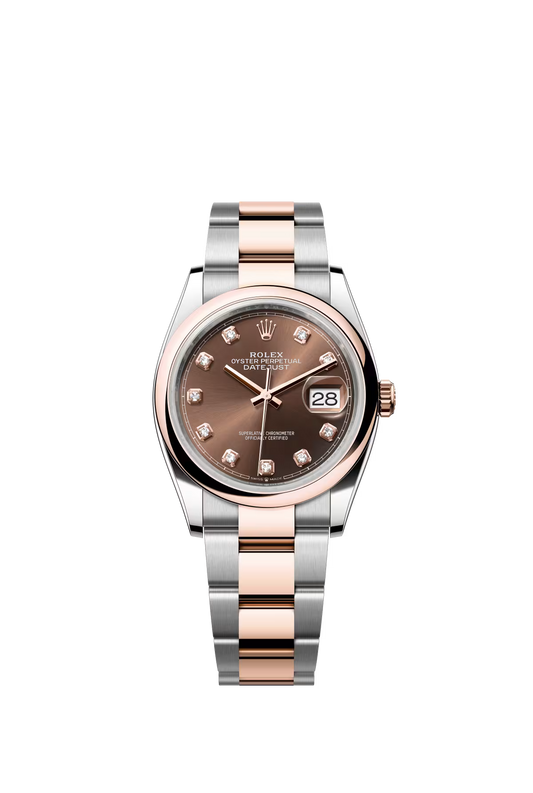 Rolex Stainless Steel And Pink Gold Datejust - 36 MM - Oyster Bracelet - Domed Bezel - Chocolate Diamond Dial - 126201-0054