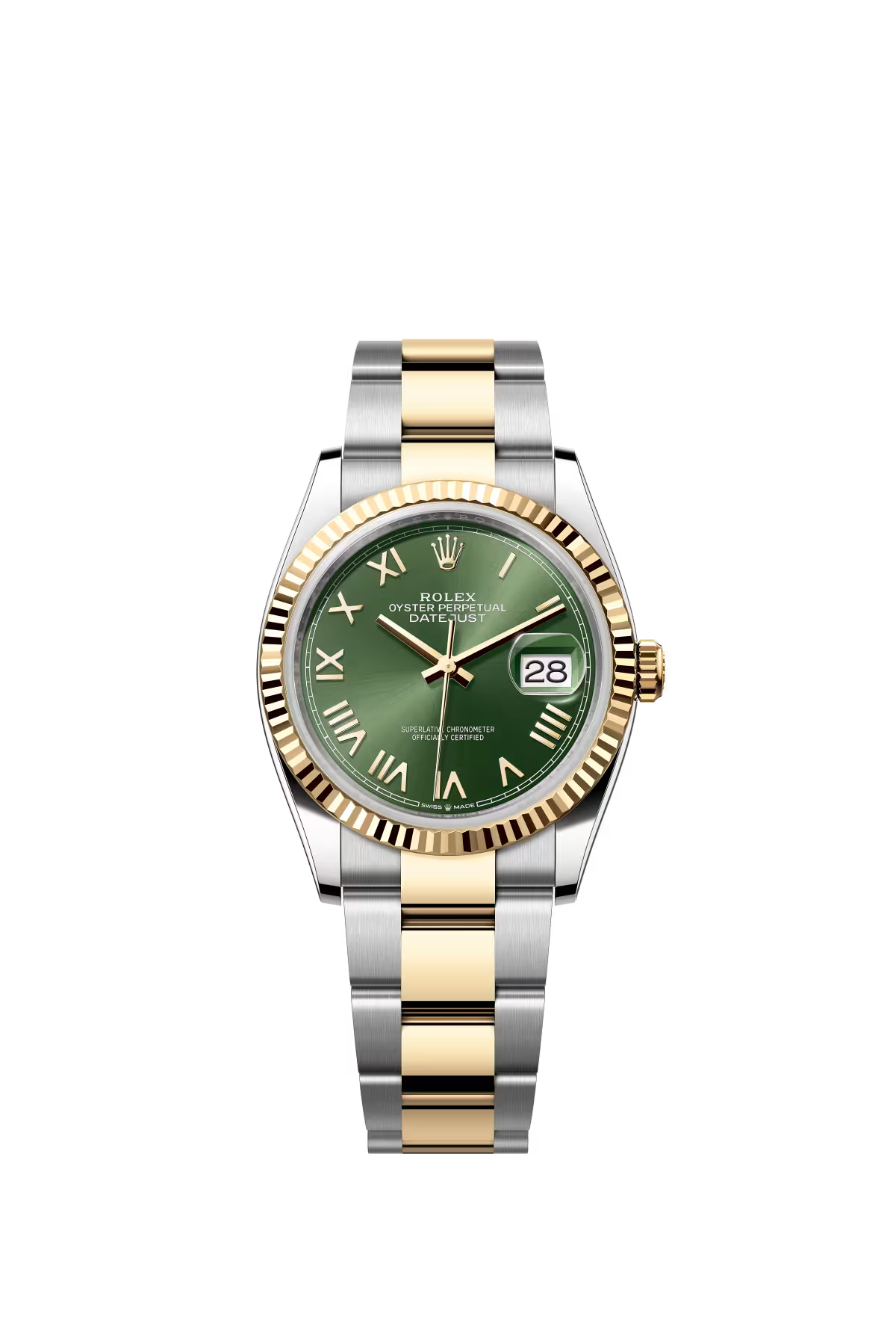 Rolex Stainless Steel And Yellow Gold Datejust - 36 MM - Oyster Bracelet - Fluted Bezel - Olive Green Roman Dial - 126233-0054