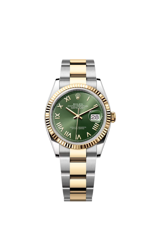 Rolex Stainless Steel And Yellow Gold Datejust - 36 MM - Oyster Bracelet - Fluted Bezel - Olive Green Roman Dial - 126233-0054
