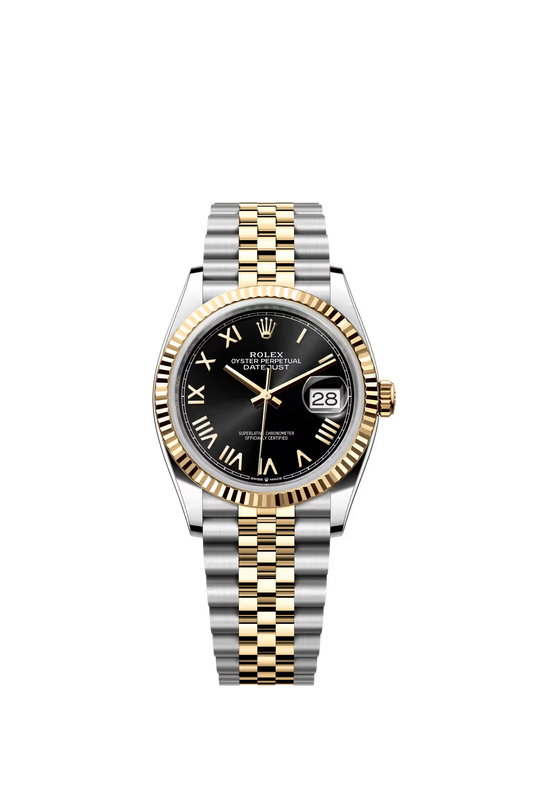 Rolex Stainless Steel And Yellow Gold Datejust - 36 MM - Jubilee Bracelet - Fluted Bezel - Black Roman Dial - 126233-0055