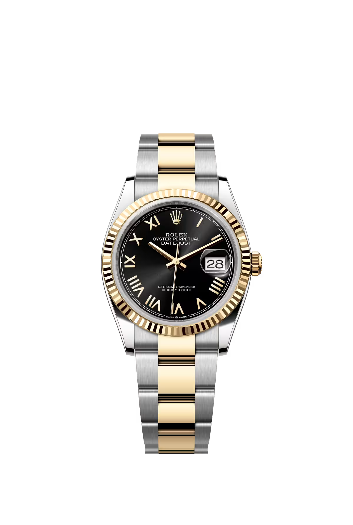 Rolex Stainless Steel And Yellow Gold Datejust - 36 MM - Oyster Bracelet - Fluted Bezel - Black Roman Dial - 126233-0056