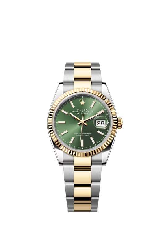 Rolex Stainless Steel And Yellow Gold Datejust - 36 MM - Oyster Bracelet - Fluted Bezel - Olive Green Index Dial - 126233-0058