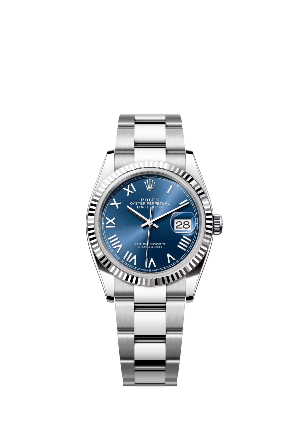 Rolex Stainless Steel And White Gold Datejust - 36 MM - Oyster Bracelet - Fluted Bezel - Blue Roman Dial - 126234-0070