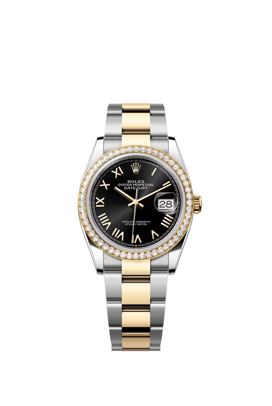 Rolex Stainless Steel And Yellow Gold Datejust - 36 MM - Oyster Bracelet - Diamond Bezel - Black Roman Dial - 126283RBR-0042