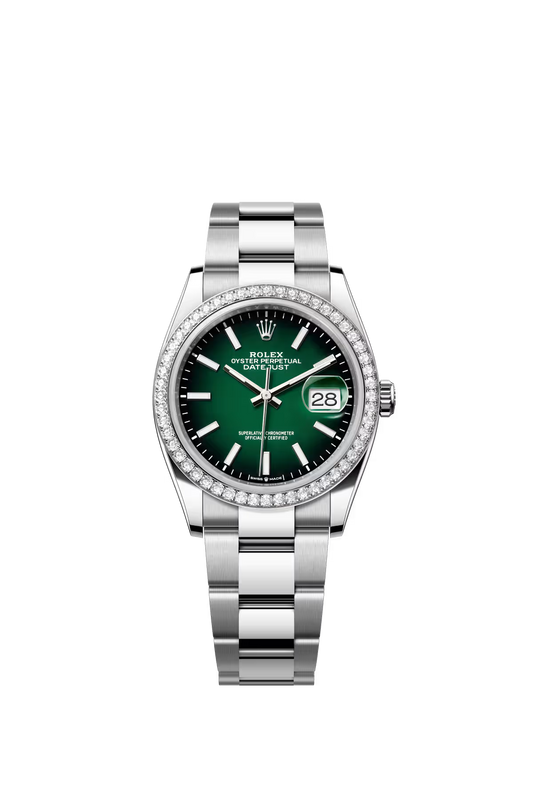 Rolex Stainless Steel And White Gold Datejust - 36 MM - Oyster Bracelet - Diamond Bezel - Green Ombré Dial - 126284RBR-0052