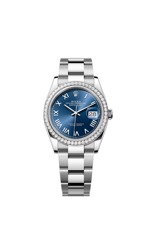 Rolex Stainless Steel And White Gold Datejust - 36 MM - Oyster Bracelet - Diamond Bezel - Blue Roman Dial - 126284RBR-0062