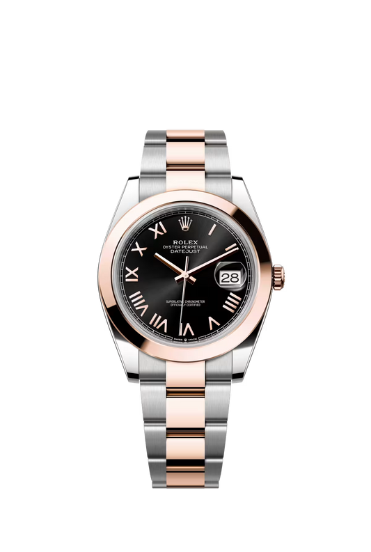Rolex Stainless Steel and Pink Gold Datejust 41 Date Watch - 41 MM - Oyster Bracelet - Domed Bezel - Black Roman Dial - 126301-0023