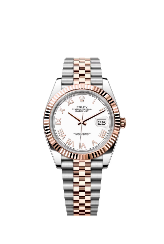 Rolex Stainless Steel and Pink Gold Datejust 41 Date Watch - 41 MM - Jubilee Bracelet - Fluted Bezel - White Roman Dial - 126331-0026