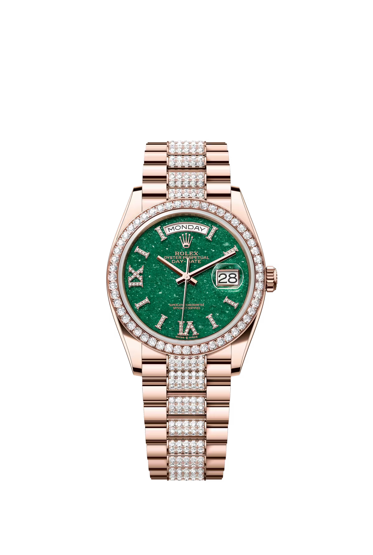 Rolex Rose Gold Day-Date Watch - 36 MM - Diamond-Set President bracelet - Diamond Bezel - Green Aventurine Roman Dial - 128345RBR-0069