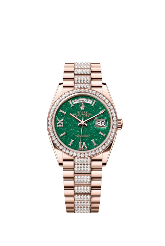 Rolex Rose Gold Day-Date Watch - 36 MM - Diamond-Set President bracelet - Diamond Bezel - Green Aventurine Roman Dial - 128345RBR-0069