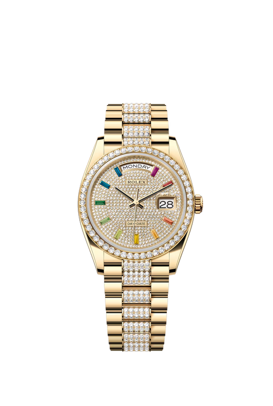 Rolex Presidential Yellow Gold Day-Date 36MM - Diamond-Set President Bracelet Watch - Diamond-Paved Rainbow Sapphire Dial - 128348RBR-0031