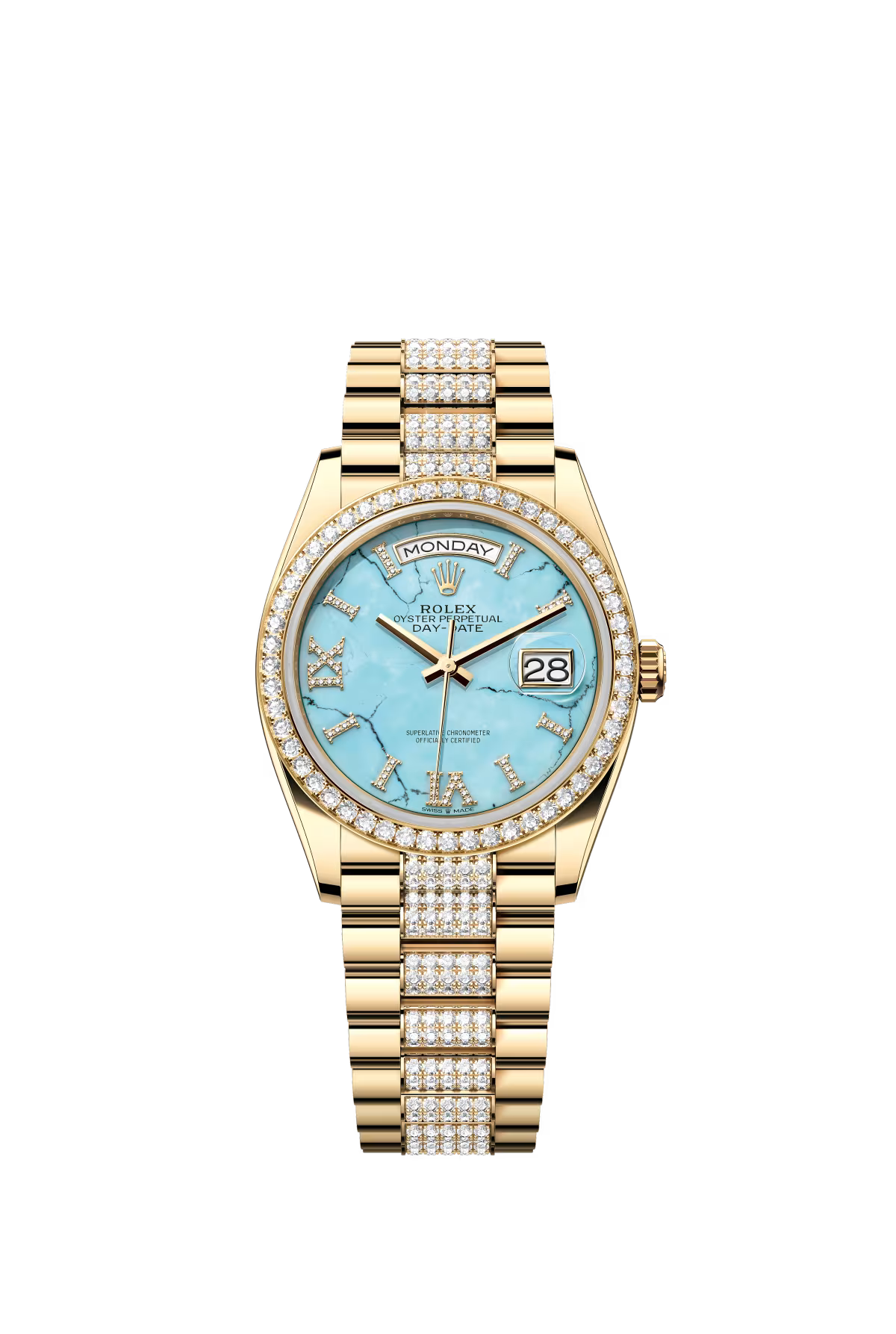 Rolex Day-Date - 36MM - Yellow Gold - Diamond Bezel - Turquoise Diamond Dial - 128348RBR-0038