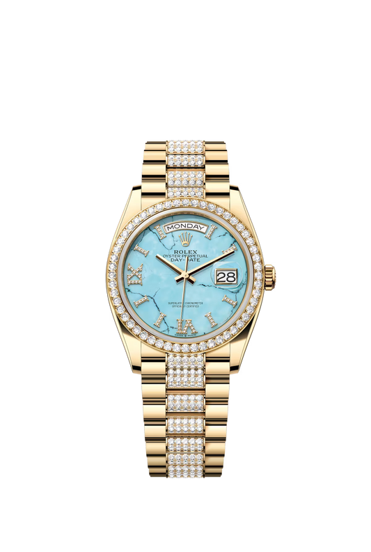 Rolex Day-Date - 36MM - Yellow Gold - Diamond Bezel - Turquoise Diamond Dial - 128348RBR-0038
