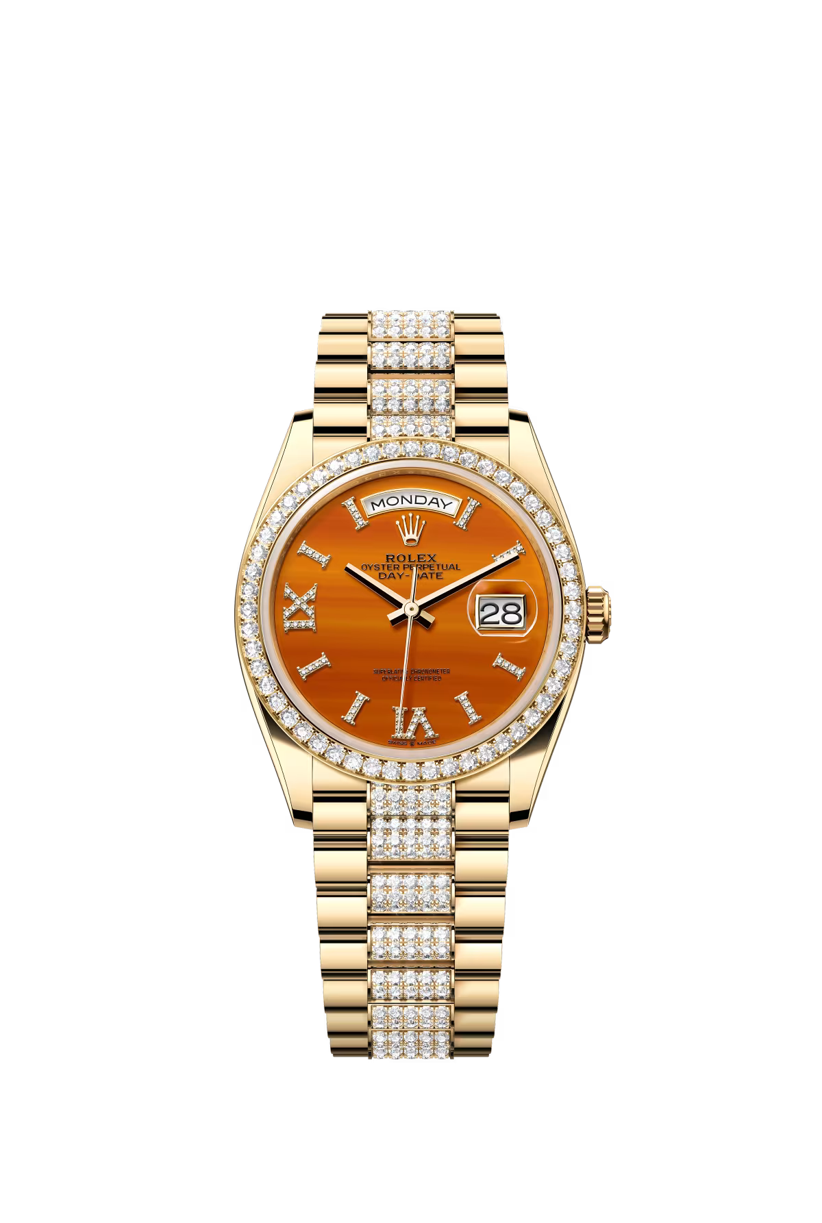 Rolex Yellow Gold Day-Date Watch - 36 MM - Diamond-Set President Bracelet - Diamond Bezel - Carnelian Diamond Index Roman 9 Dial - 128348RBR-0050