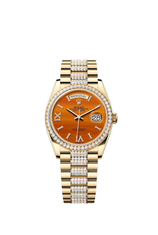 Rolex Yellow Gold Day-Date Watch - 36 MM - Diamond-Set President Bracelet - Diamond Bezel - Carnelian Diamond Index Roman 9 Dial - 128348RBR-0050