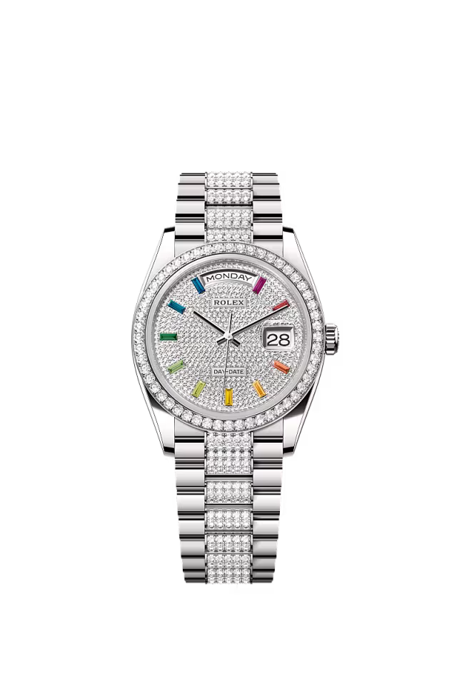 Rolex Presidential White Gold Day-Date 36MM - Diamond-Set President Bracelet Watch - Diamond Paved Rainbow Sapphire Dial - 128349RBR-0012