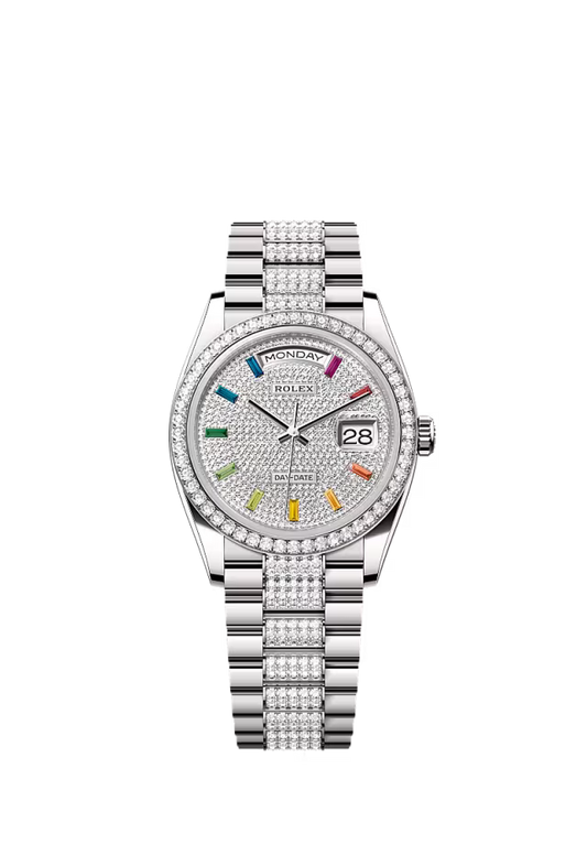 Rolex Presidential White Gold Day-Date 36MM - Diamond-Set President Bracelet Watch - Diamond Paved Rainbow Sapphire Dial - 128349RBR-0012
