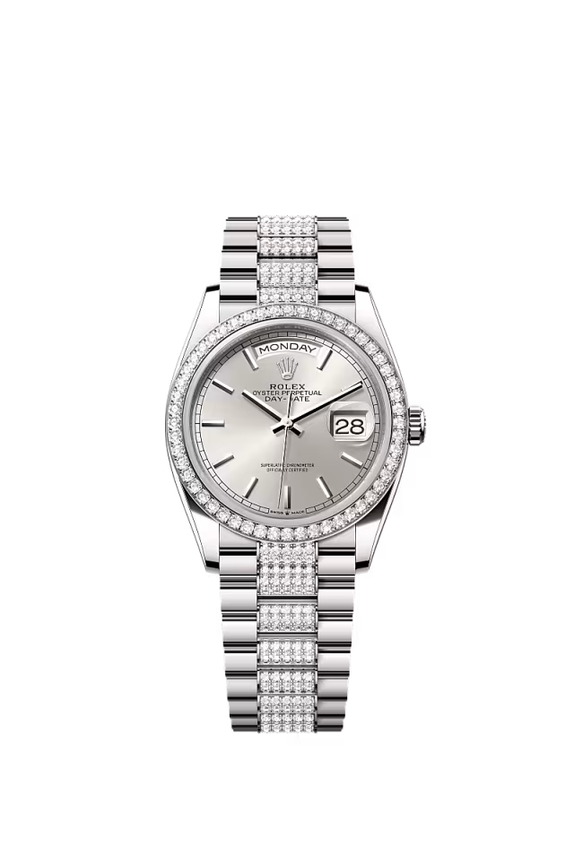 Rolex Presidential White Gold Day-Date 36MM - Diamond-Set President Bracelet Watch - Silver Index Dial - 128349RBR-0013