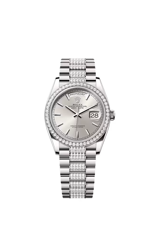Rolex Presidential White Gold Day-Date 36MM - Diamond-Set President Bracelet Watch - Silver Index Dial - 128349RBR-0013