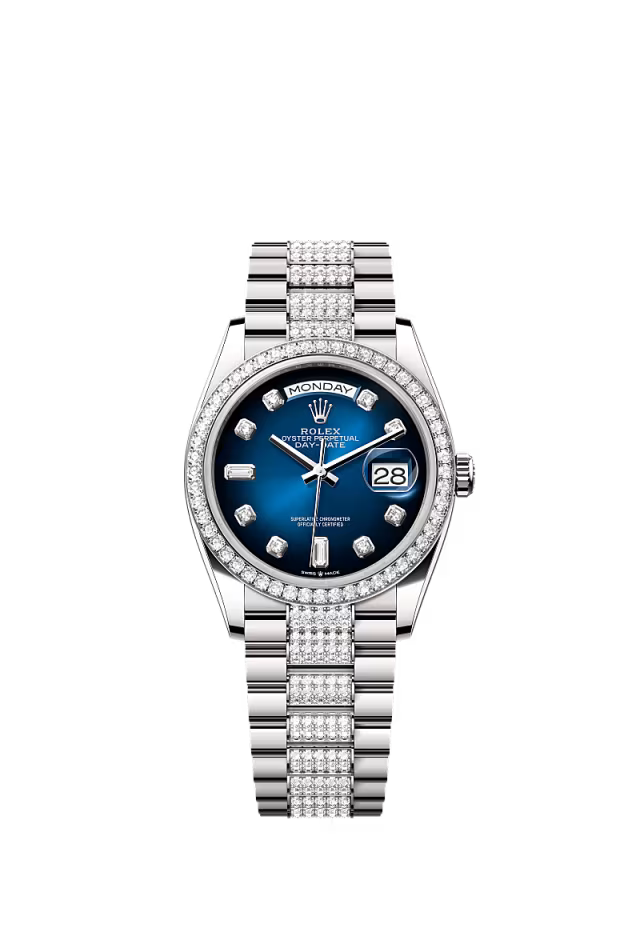 Rolex Presidential White Gold Day-Date 36MM - Diamond-Set President Bracelet Watch - Blue Ombré Diamond Dial - 128349RBR-0016