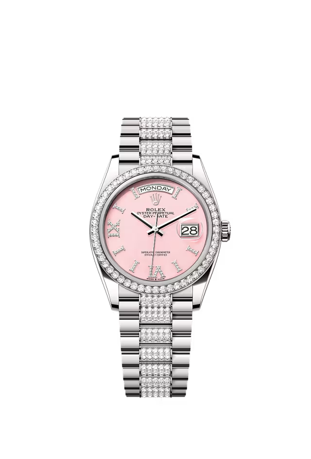Rolex Presidential White Gold Day-Date 36MM - Diamond-Set President Bracelet Watch - Pink Opal Diamond Hour Marker Dial - 128349RBR-0017