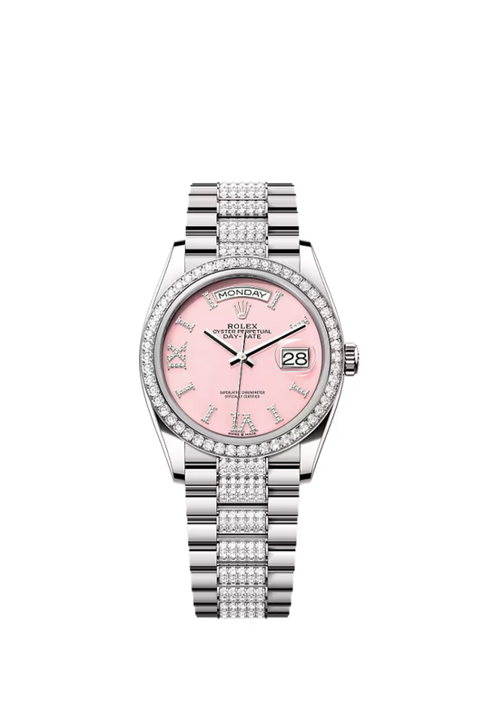 Rolex Presidential White Gold Day-Date 36MM - Diamond-Set President Bracelet Watch - Pink Opal Diamond Hour Marker Dial - 128349RBR-0017