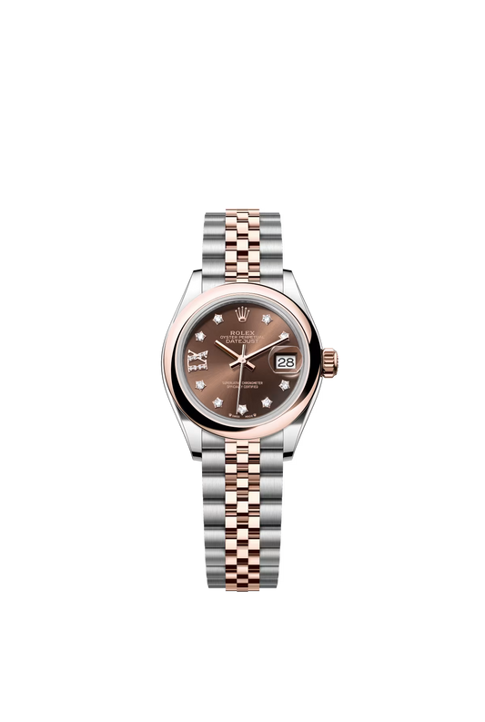 Rolex Lady-Datejust - 28 MM - Oystersteel and Rose Gold - Jubilee Bracelet - Smooth Bezel - Chocolate IX Star Diamond Dial - 279161-0003