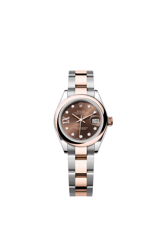 Rolex Lady-Datejust - 28 MM - Oystersteel and Rose Gold - Oyster Bracelet - Smooth Bezel - Chocolate IX Star Diamond Dial - 279161-0004