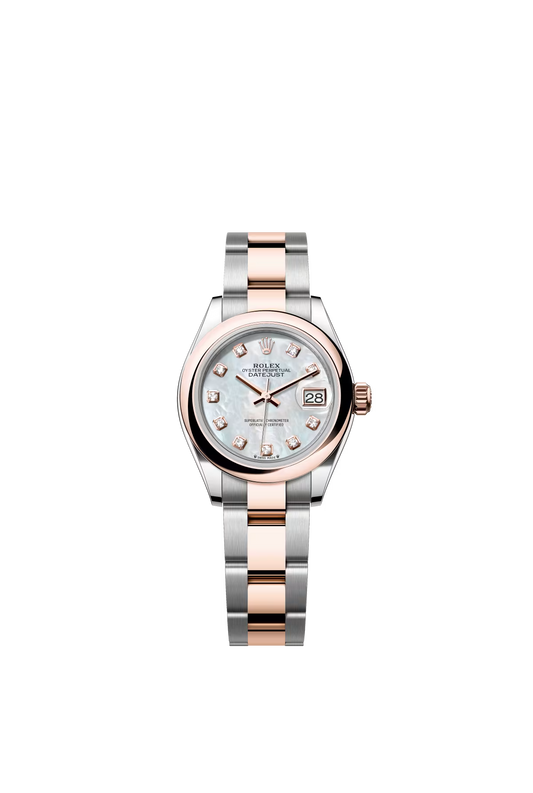 Rolex Lady-Datejust - 28 MM - Oystersteel and Rose Gold - Oyster Bracelet - Smooth Bezel - Mother of Pearl Diamond Dial - 279161-0014