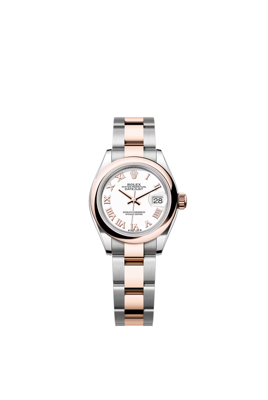 Rolex Lady-Datejust - 28 MM - Oystersteel and Rose Gold - Oyster Bracelet - Smooth Bezel - White Roman Dial - 279161-0022