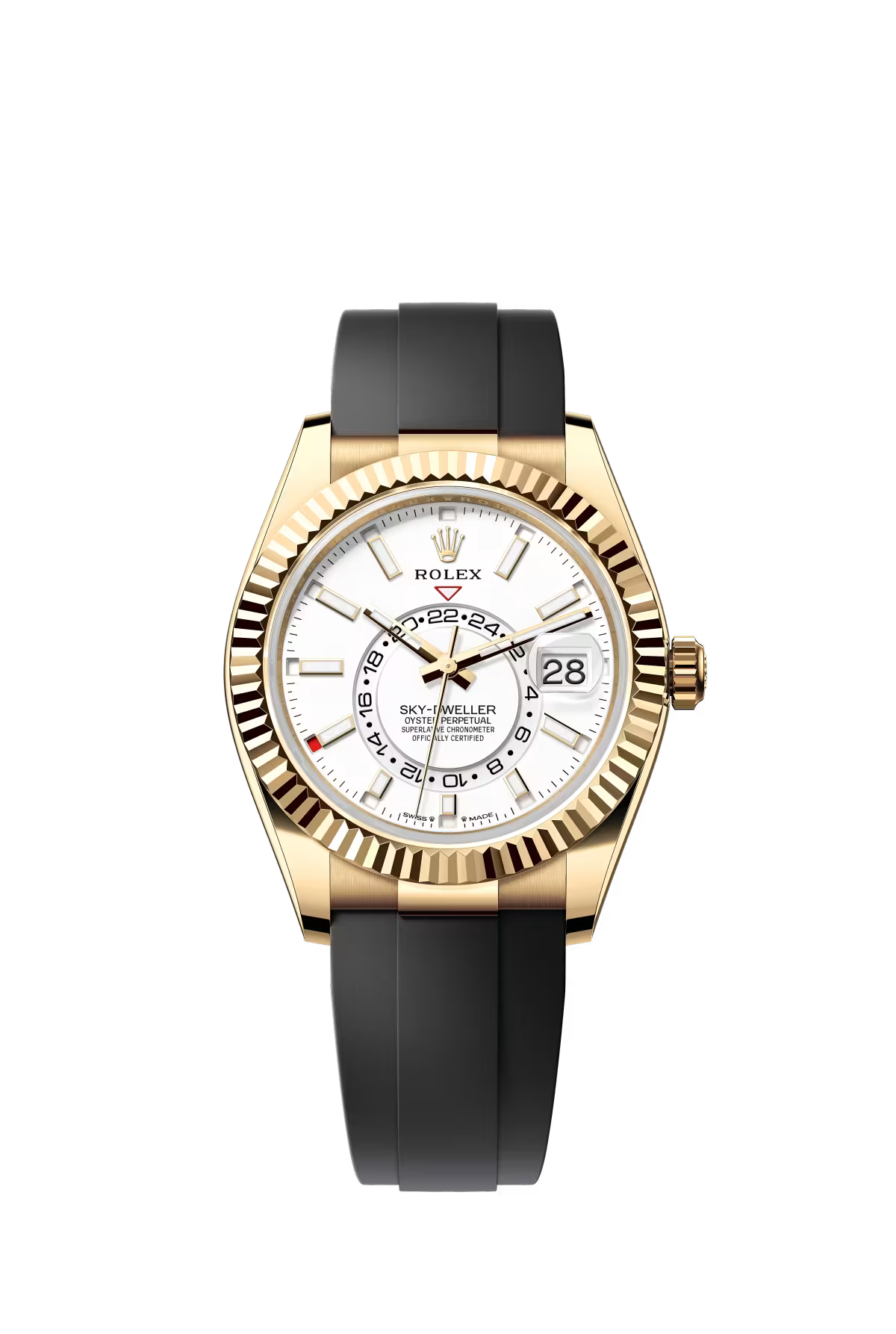 Rolex Yellow Gold Sky Dweller Watch - 42 MM - Oysterflex Strap - Fluted Ring Command Bezel - White Index Dial - 336238-0003